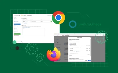 A clean split-screen showing Chrome and Firefox with proxy switch menus open. Each shows different profiles (like “Work” or “Social”). A small gear icon suggests easy setup, with subtle network lines and SwitchyOmega logo in the background.