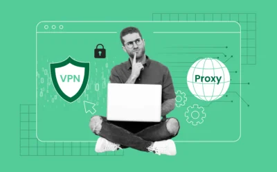 A split image showing a person at a laptop choosing between two icons: a shield (VPN) and a globe (Proxy). The VPN side has lock symbols and encrypted data lines; the Proxy side shows basic web connections. Cool blue tones give a tech-focused, secure feel.