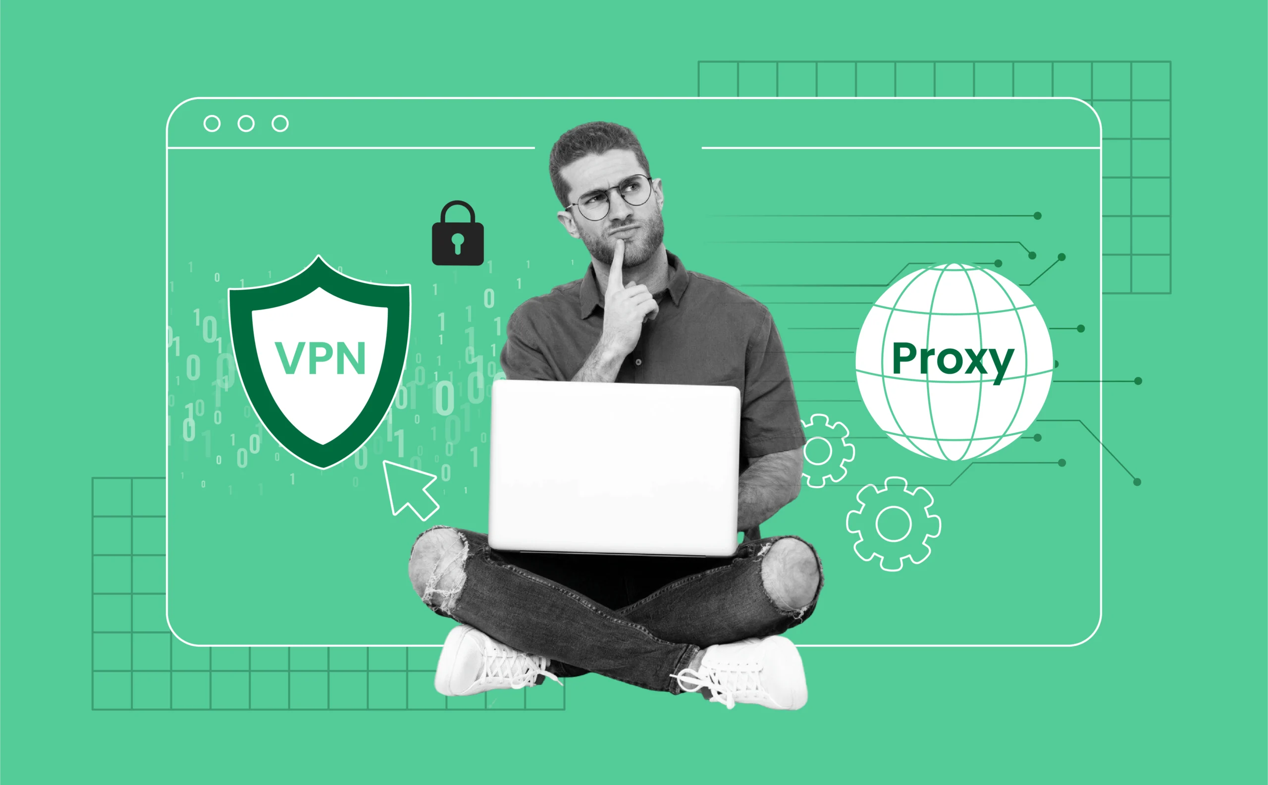 A split image showing a person at a laptop choosing between two icons: a shield (VPN) and a globe (Proxy). The VPN side has lock symbols and encrypted data lines; the Proxy side shows basic web connections. Cool blue tones give a tech-focused, secure feel.