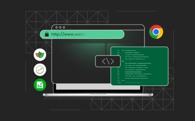 A conceptual graphic showing a headless browser operating behind the scenes—automating tasks, processing code, and extracting data—without a visible user interface.
