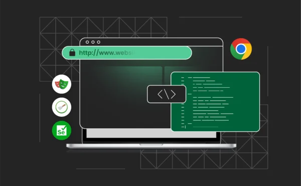 A conceptual graphic showing a headless browser operating behind the scenes—automating tasks, processing code, and extracting data—without a visible user interface.